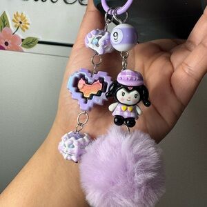Kuromi with Purple Fuzzy Pom Pom and Heart Phone/Key/Bag Chain